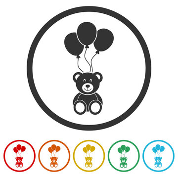 Cute bear with balloons icon. Set icons in color circle buttons