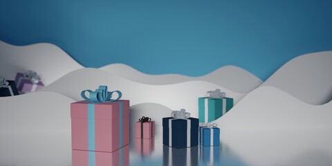 3D Christmas background illustration. Christmas present packages on ice with snow in background 3d render illustration. Free space for copy paste text.