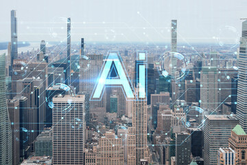 Fototapeta na wymiar Aerial panoramic city view of Upper Manhattan and Central Park, New York city, USA. Iconic skyscrapers of NYC. Artificial Intelligence concept, hologram. AI, machine learning, neural network, robotics