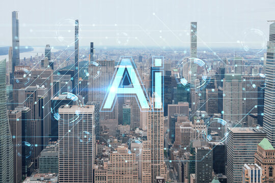 Aerial panoramic city view of Upper Manhattan and Central Park, New York city, USA. Iconic skyscrapers of NYC. Artificial Intelligence concept, hologram. AI, machine learning, neural network, robotics