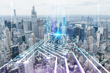 Aerial panoramic city view of Upper Manhattan, the East Side, river and Brooklyn on horizon, New York, USA. Artificial Intelligence concept, hologram. AI, machine learning, neural network, robotics