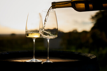A sommelier pours white wine into a glass on a wooden barrel at dusk - 542472570