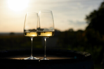 Two glasses of white wine on a wooden barrel at dusk