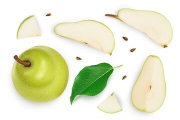 Green pear fruit with slices isolated on white background with. Top view. Flat lay