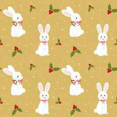 Merry Christmas and Happy New Year pattern background vector. Cute winter season pattern with fir tree, bunnies, sparkles, snow. Luxury design for greeting cards, covers, paper, fabric.