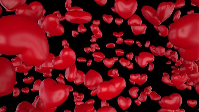 Tiny hearts creating a larger heart shape and bursting toward the camera on a transparent alpha channel for easy drag and drop