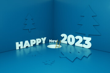 Happy new 2023 inscription over blue background, 3d render