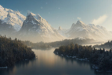 sunrise over the lake, winter landscape in the mountains
