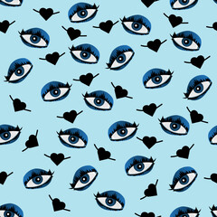 Seamless pattern with human eyes and lips on blue background. Fashion background with element of human face. Futuristic wrapping paper. Creative design print for wallpaper and bed linen.