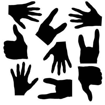 Set of black hand gestures on white background. Palm silhouette, thumb up and a rock and roll symbol. Creative abstraction with gestures.