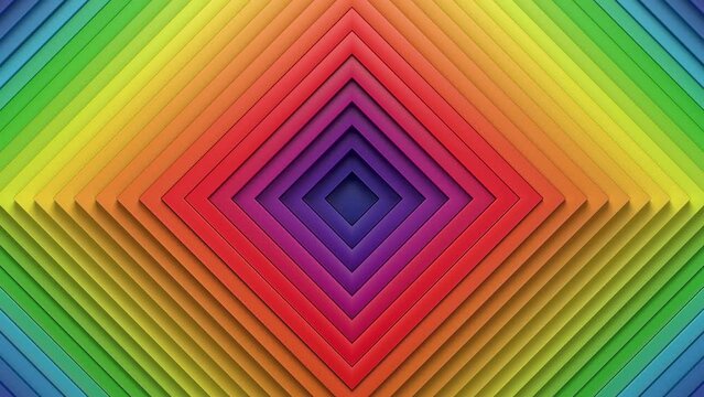 Abstract pattern of concentric square rings, displacement effect, rainbow minimal squares expanding, 3d animation for business presentation, seamless loop
