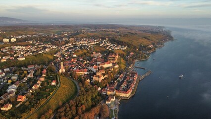 Fototapeta premium Aerial shot of the Meersburg city panorama and coast in Germany