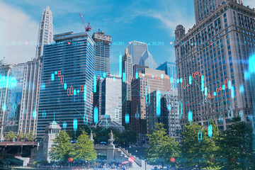 Panorama cityscape of Chicago downtown and Riverwalk, boardwalk with bridges at day time, Illinois, USA. Forex graph hologram. The concept of internet trading, brokerage and fundamental analysis