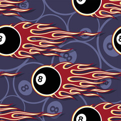 Vector billiard 8 ball snooker pool ball with fire flame seamless pattern design. Ideal for wallpaper packaging fabric textile wrapping paper design.