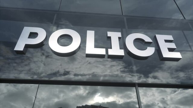 Police glass building. Police sign on a modern glass skyscraper