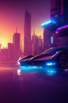 Retro future. 80s style sci-fi background with supercar. Futuristic retro car. retro futuristic synth illustration in 1980s posters style. Suitable for any print design in 80s style