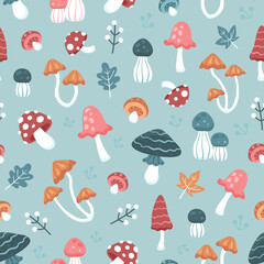 Seamless repeated surface vector pattern design with colorful mushrooms of various shapes on a light blue background