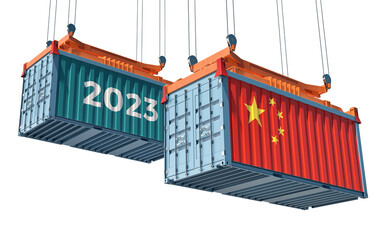 Trading 2023. Freight container with China national flag. 3D Rendering  - 542477959