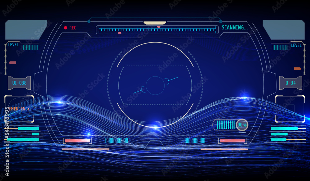 Aufkleber hud aerial view ui, gui screen element explorer in galaxy land scape cyberspace wireframe concept ve