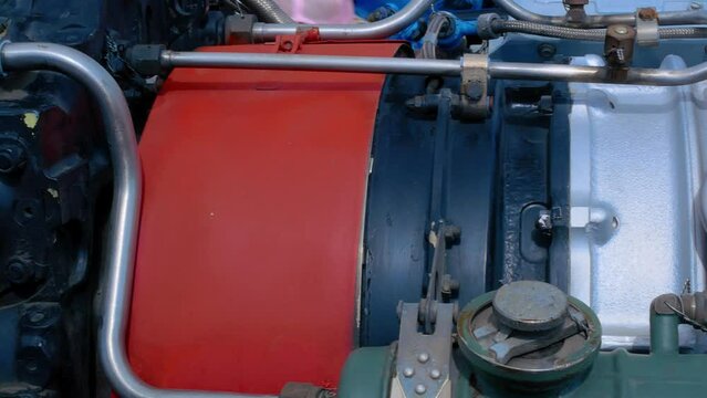 Military engine for a tank and a helicopter on turbojet thrust. Close-up of a secret Russian gas turbine engine of increased reliability and trouble-free in difficult conditions. Jet engine close-up.