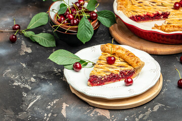 cherry pie, Flaky Crust, piece on a plate and the whole homemade cherry pie, place for text, top view