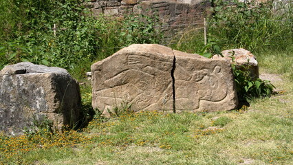 Carved stone in the ruins at Monte Alban, in Oaxaca, Mexico