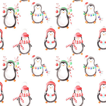 Watercolor seamless pattern with different penguins in red hats, skarf, garland and hook caramel lollipop on white background.New year, christmas and X-mas backdrop for print party cards