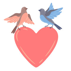 Illustration of cute flying birds holding heart. Image of birdies in simple style.