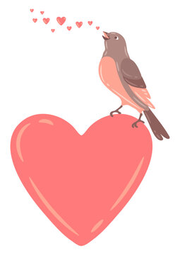 Illustration of cute bird singing and sitting on heart. Image of birdie in simple style.