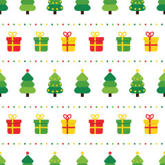 Christmas vector seamless pattern background with christmas trees, gifts and dots.
