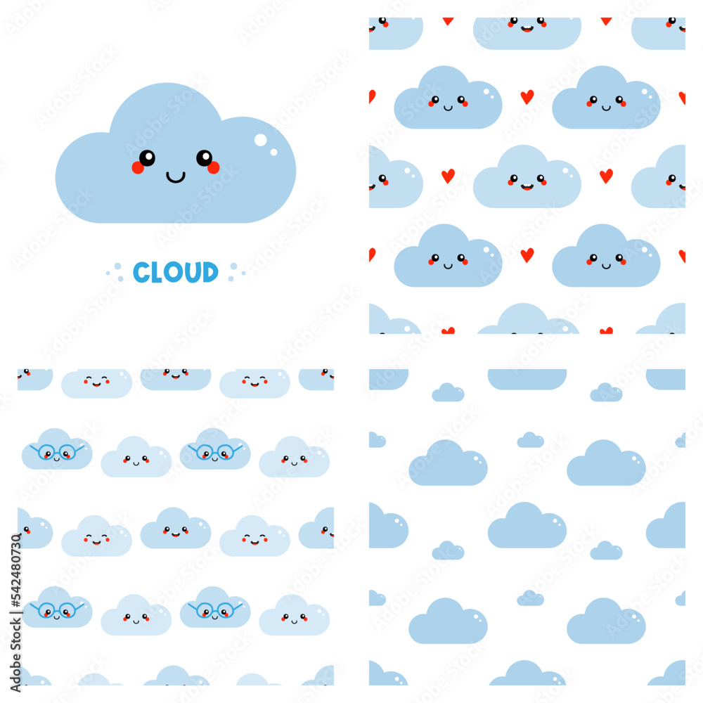 Wall mural cute cartoon style cloud character and set, collection of three vector seamless pattern backgrounds 