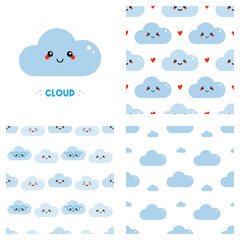 Cute cartoon style cloud character and set, collection of three vector seamless pattern backgrounds with clouds.
