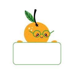 Cute cartoon style orange fruit character in glasses holding in hands blank card, banner.
