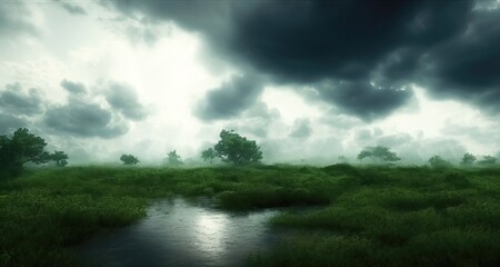 grass field landscape in cloudy sky with fair weather. rendering illustration, octane, blender, nature, sun light.