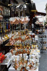 Turkish coffee pots, also know as ibrik, cezve, and briki in a street maket