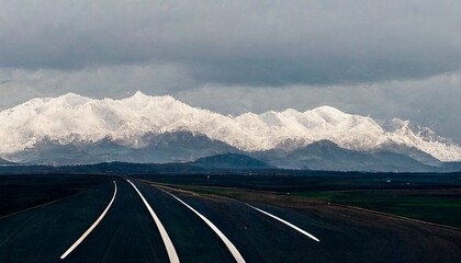 Country road with snow-capped mountains in the background.