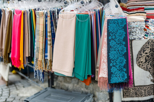 Colorful turkish shawls in street market, Turkey, Istanbul