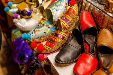 Traditional turkish shoes in street shop in Istanbul. Oriental turkish shoes, Grand Bazar open...