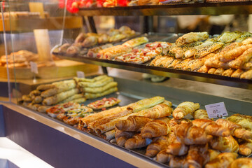 Traditional Turkish dessert Baklava close-up trays of delicious baklava displayed in showcase of baklavalari cafe