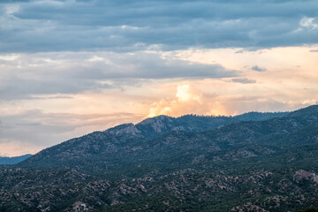 Sangre De Cristo mountains sunset near Bishops Lodge Road street road in Santa Fe, New Mexico