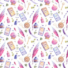 Witchcraft magical objects. Seamless pattern  with hand painted watercolor objects on white background. Wallpaper and wrapping paper design