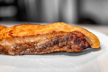 Macro closeup of fresh barbecue cooked baked pork belly fat bacon meat with crispy crunchy skin, nutritious food isolated against white plate background