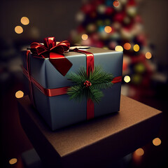 christmas gift box with christmas tree, gift box on the table, christmas mood, present box with ribon, holiday