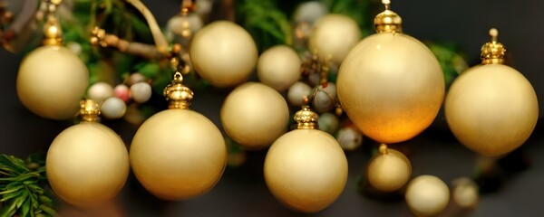 Fototapeta na wymiar digital illustration, sparkling golden festive background, bokeh lights, vintage Christmas tree ornaments, gold balls, stars, winter holiday greeting card