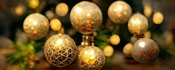 digital illustration, sparkling golden festive background, bokeh lights, vintage Christmas tree ornaments, gold balls, stars, winter holiday greeting card