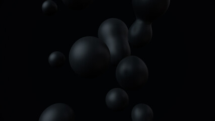Minimal simple and beautiful black abstract background. 3d spheres or balls floating. Beautiful fashion wallpaper or template.
