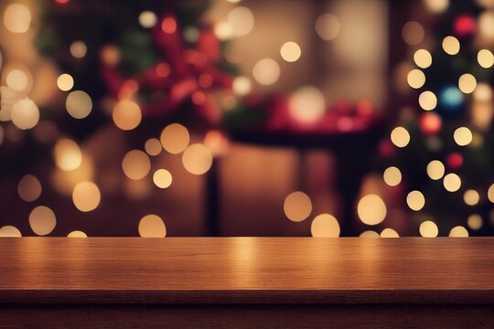 Wooden table, blurred bokeh background background. Neon light, night view, close-up. The general background of the interior, a dark background.