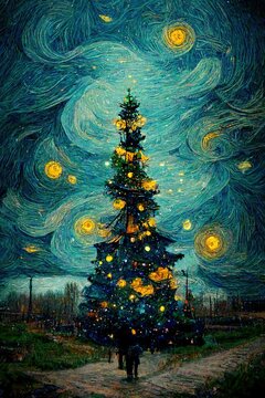 Abstract Christmas tree in style of Van Gogh , digital painting art fantasy festive christmas tree background header wallpaper background.