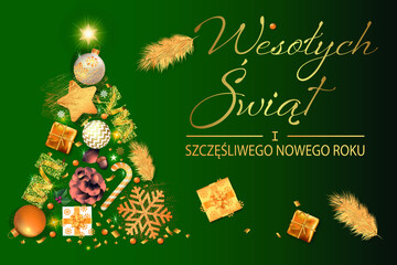 kartka lub baner z życzeniami Wesołych Świąt i szczęśliwego Nowego Roku w kolorze złotym na zielonym tle z drzewem utworzonym z bombki, serpentyny, jodły, gwiazdy, prezentów, trzciny cukrowej, konfett