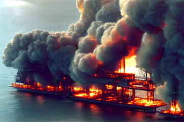 Fire on an offshore drilling platform. Environmental disaster in offshore oil and gas production. The flames destroy the floating platform. 